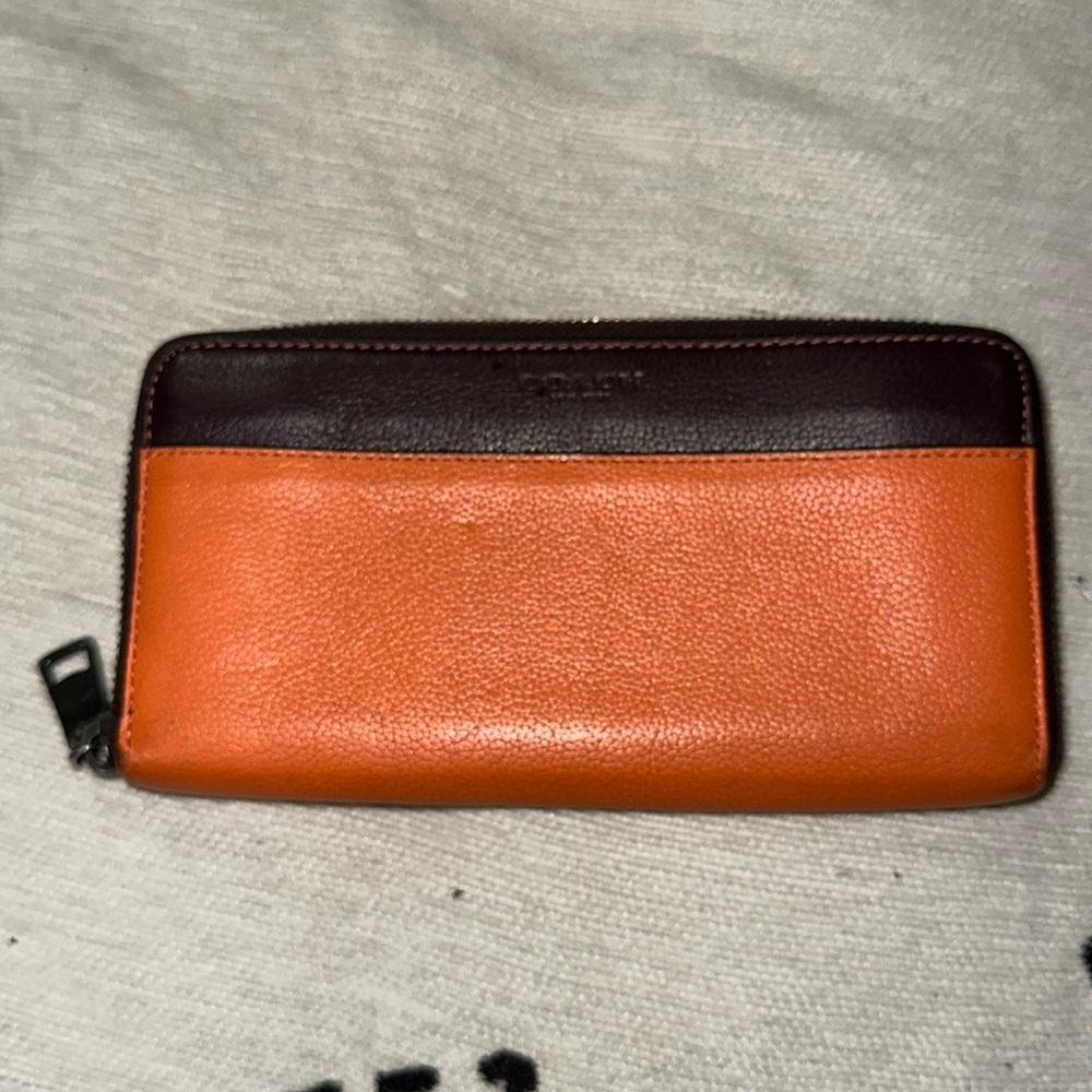 Coach orange and brown leather zip long wallet
